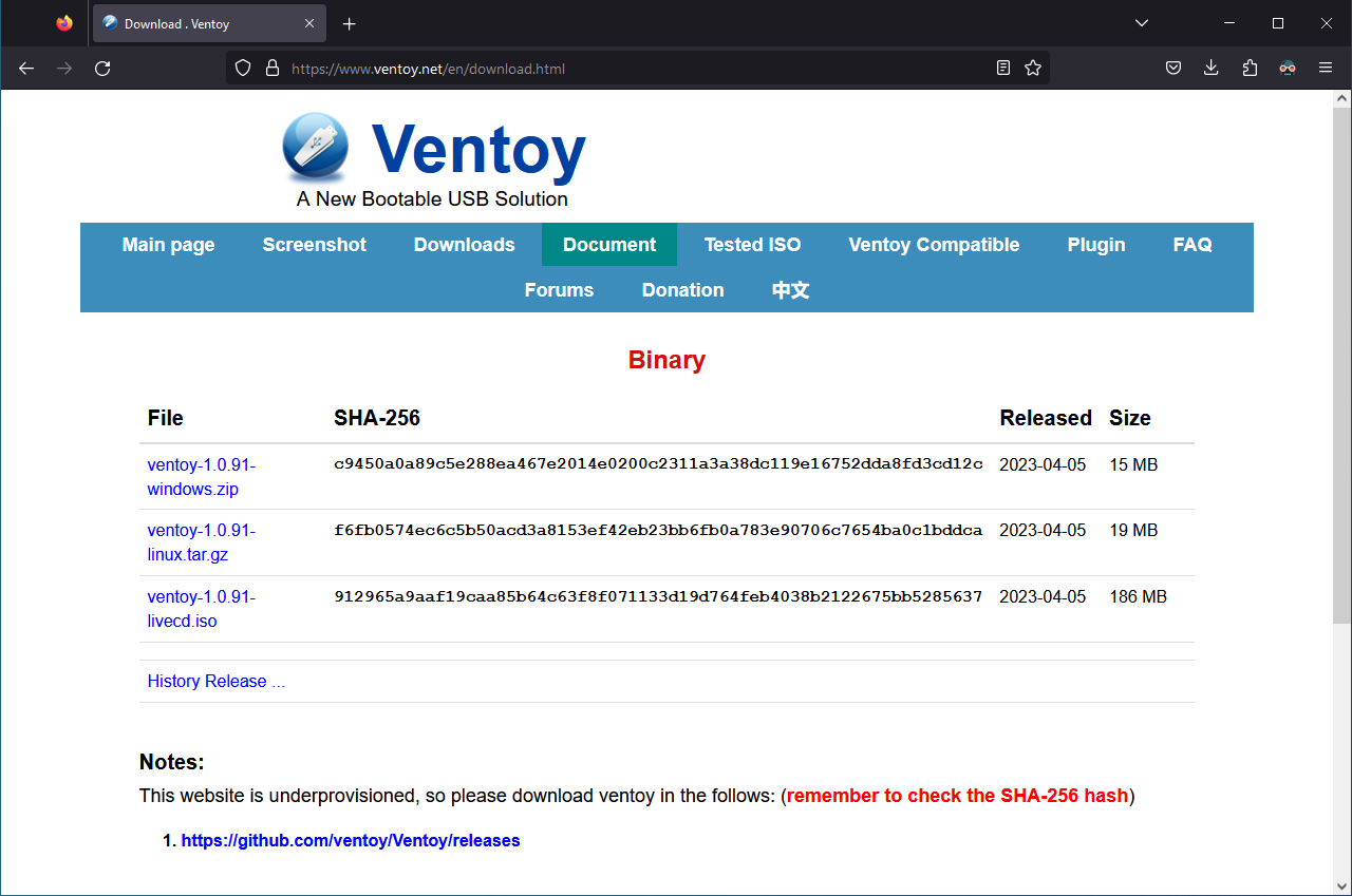 Ventoy home page.